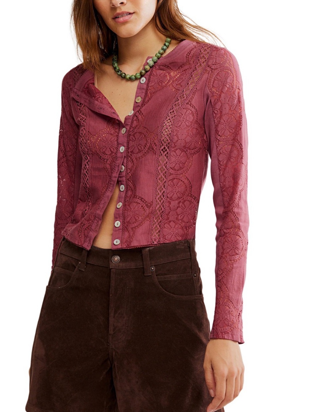 Free People Women's Button-Front Long-Sleeve Lace Top, Size SMALL